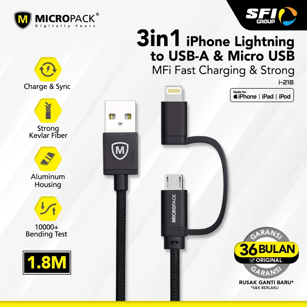 Micropack Cable USB-A to Micro & Lightning Cable 2-in-1 Combo - Kabel 1,8 Meter - I-218 - SFI Group