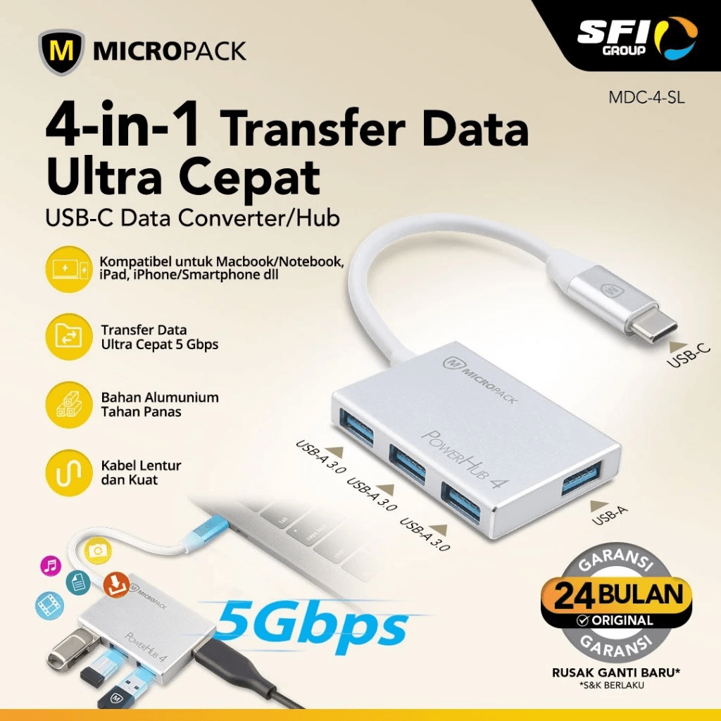 Micropack Data Converter 4-in-1 - Type-C To USB-A - Hub 3.2 Powerhub 4 - MDC-4 SL - SFI Group