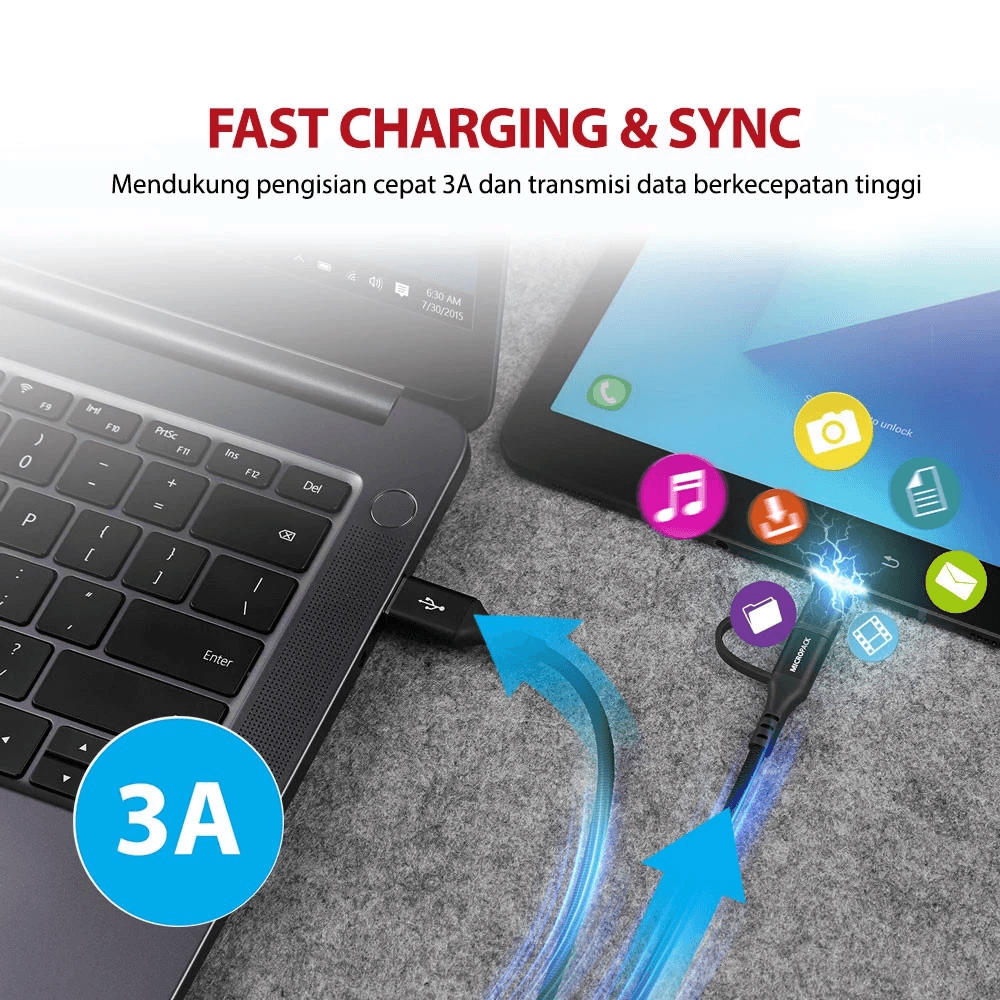 Micropack Cable USB-A to Micro & Type-C - Braided Kevlar - Combo 3-in-1 - Kabel 1,5 Meter - MC-AC13 - SFI Group - 4