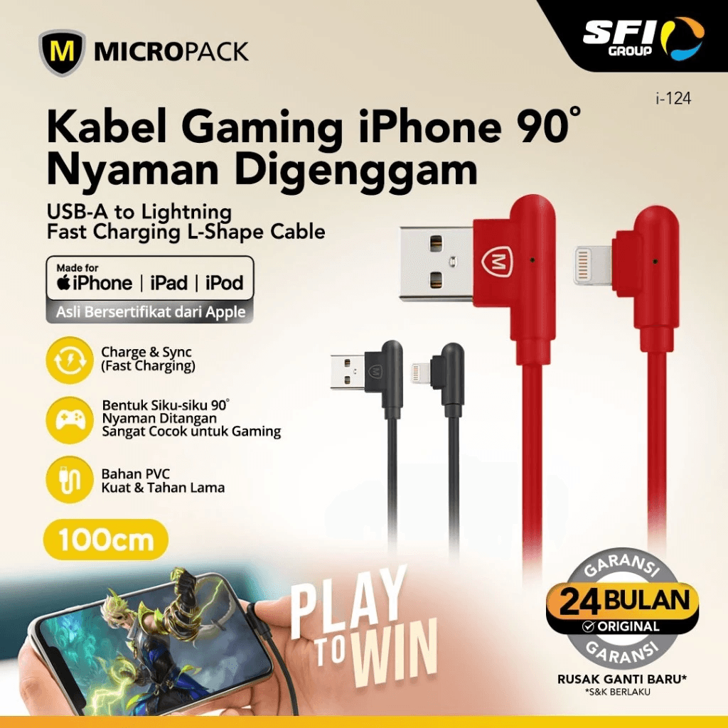 Micropack Charger Cable Lightning to USB-A Gripline Edition MFI - Fast Charging - Kabel 1 Meter - I-124 - SFI Group