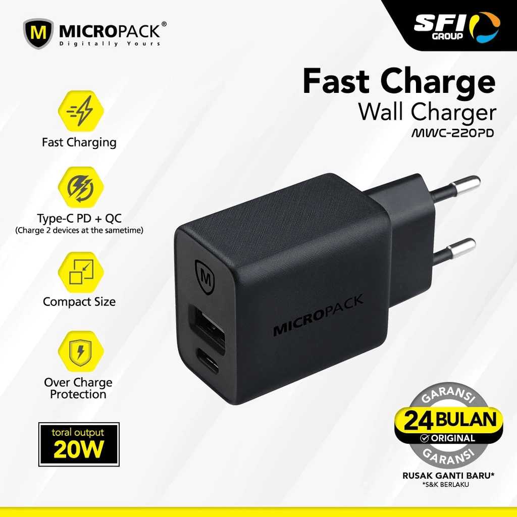 Micropack Wall Charger Dual Ports Fast Charging 20W + Cable C to C (MWC-220PD) - SFI Group