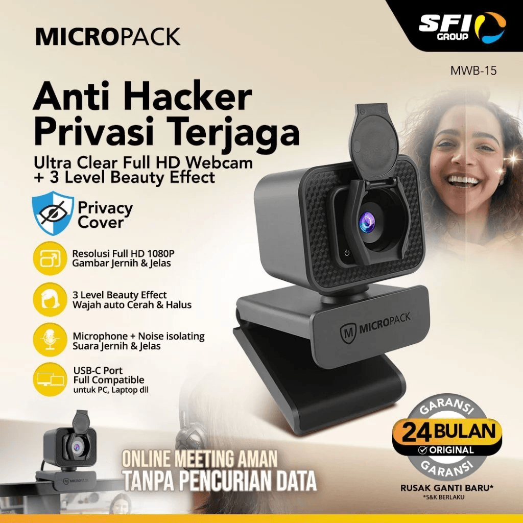 Micropack Webcam Premium Full HD 1080P - Anti Hacker - Privacy Cover - Built-in Noise Isolating Mic - Beauty Effect - MWB-15 - SFI Group
