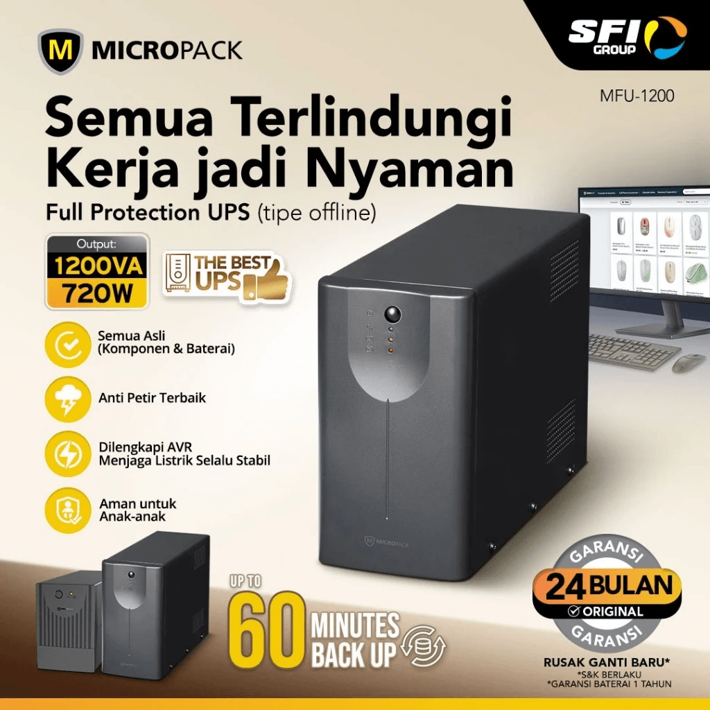 Micropack UPS Offline Premium Stabilizer - Lightning Protection (Anti Petir) - 1200VA/720W - Battery 7Ah - MFU-1200 - SFI Group