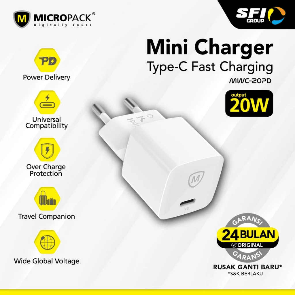 PROMO BUNDLING Micropack Wall Charger Mini Fast Charging Type C PD 20watt + Cable C to C (MWC-20PD) - SFI Group