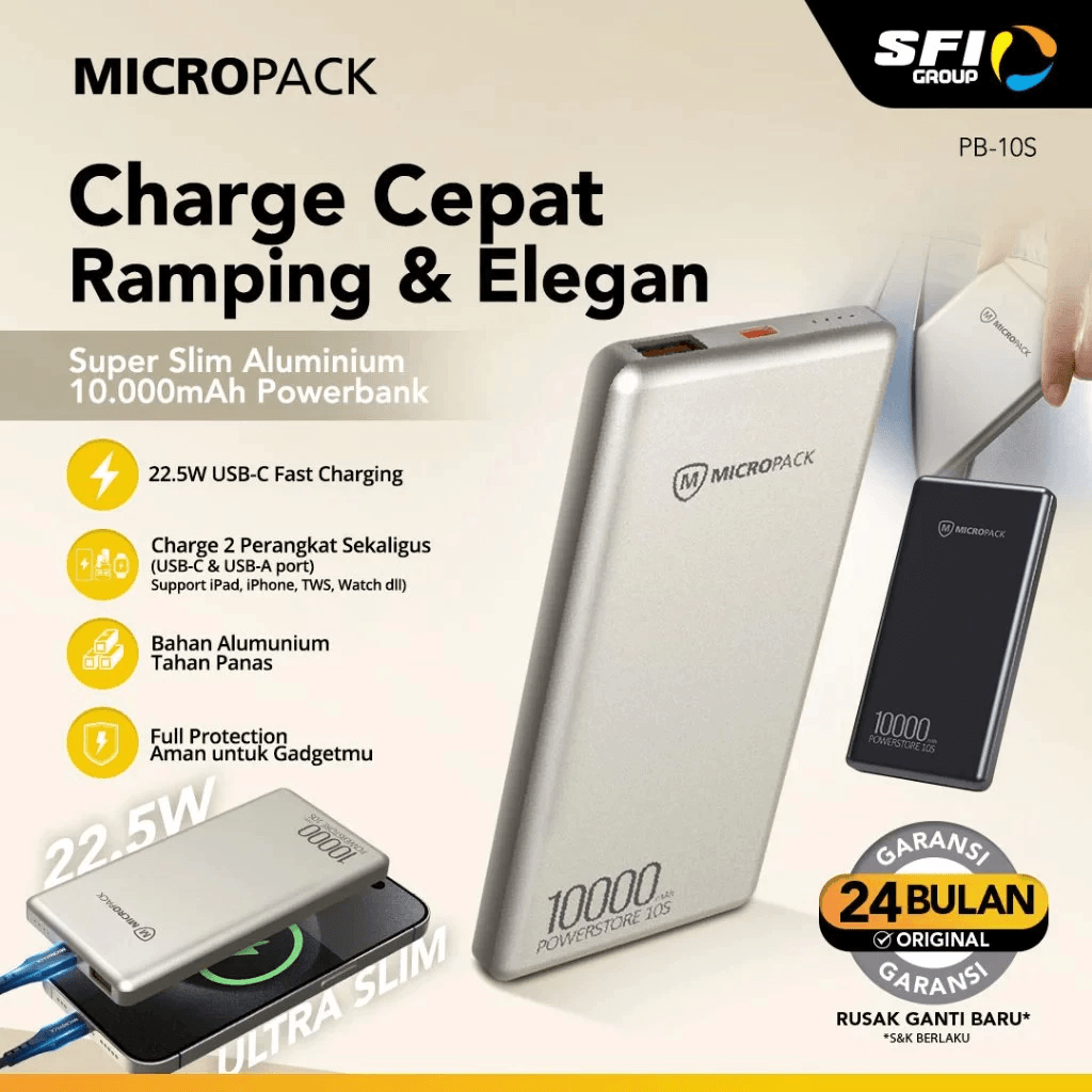 Micropack Powerbank 10.000 mAh - Fast Charging 22,5watt - CCC - Dual Charging USB-C & USB-A - Ultra Slim 11mm - Power Bank 10000 mAh - PB-10S - SFI Group