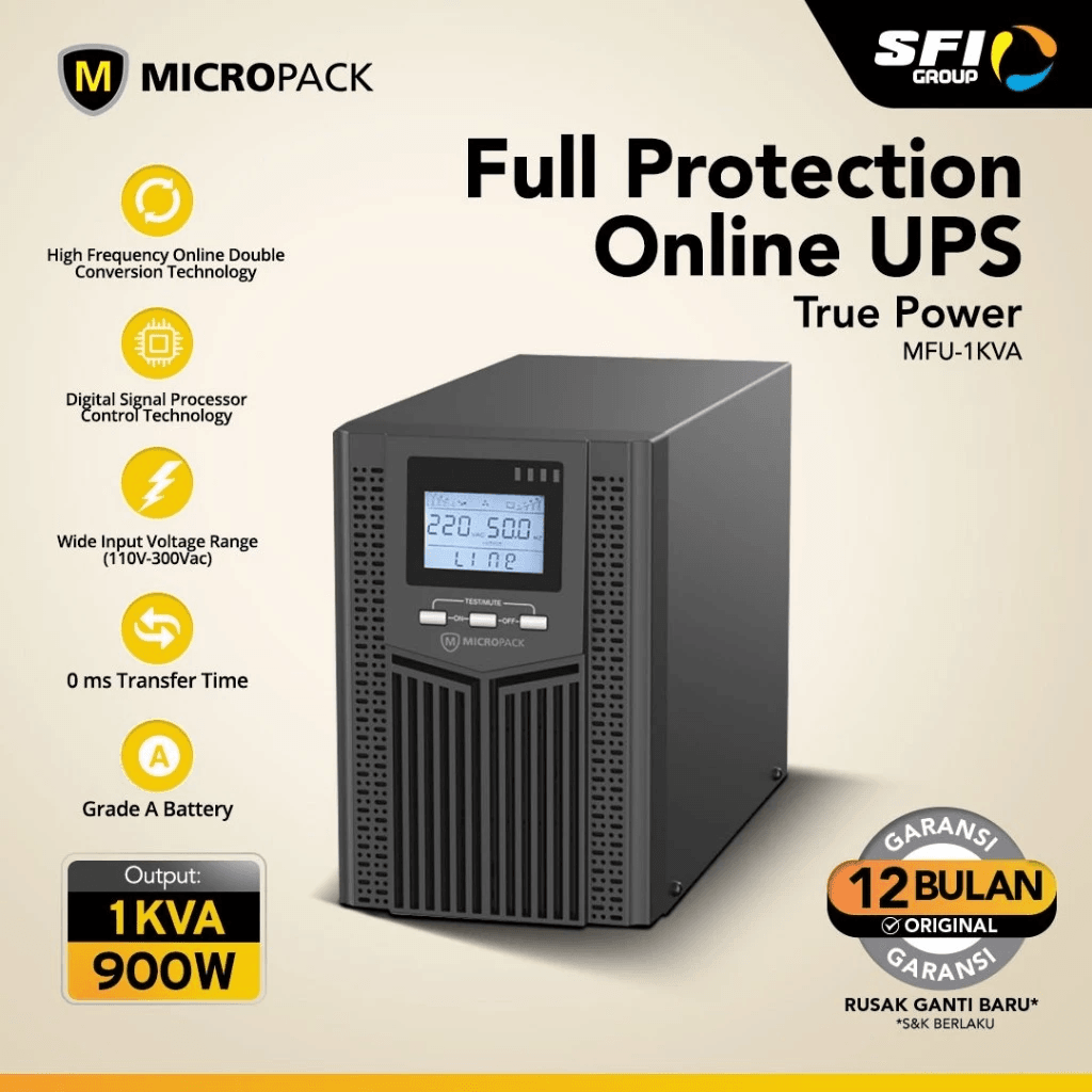Micropack UPS Online Premium Stabilizer - Lightning Protection (Anti Petir) - 1000VA/900Watt - 3x Battery 7Ah - MFU-1KVA