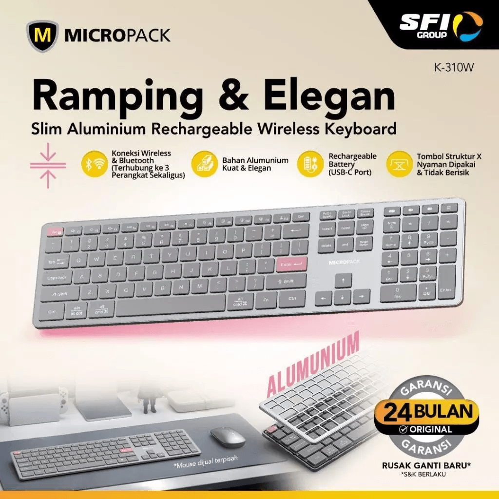 Micropack Keyboard Wireless & Bluetooth - Rechargeable - Silent Key - Dual Modes - K-310W - SFI Group