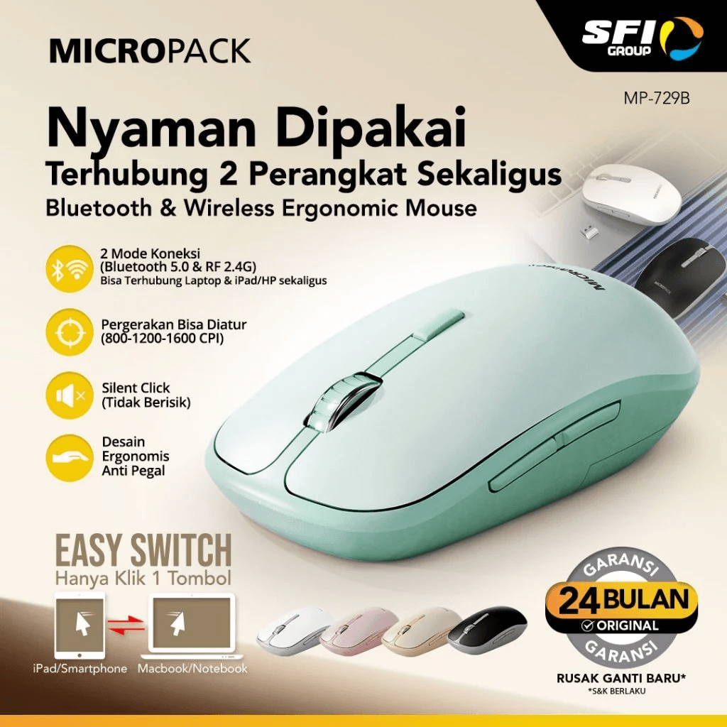 Micropack Mouse Wireless & Bluetooth - Silent Click - Easy Switch - MP-729B - SFI Group