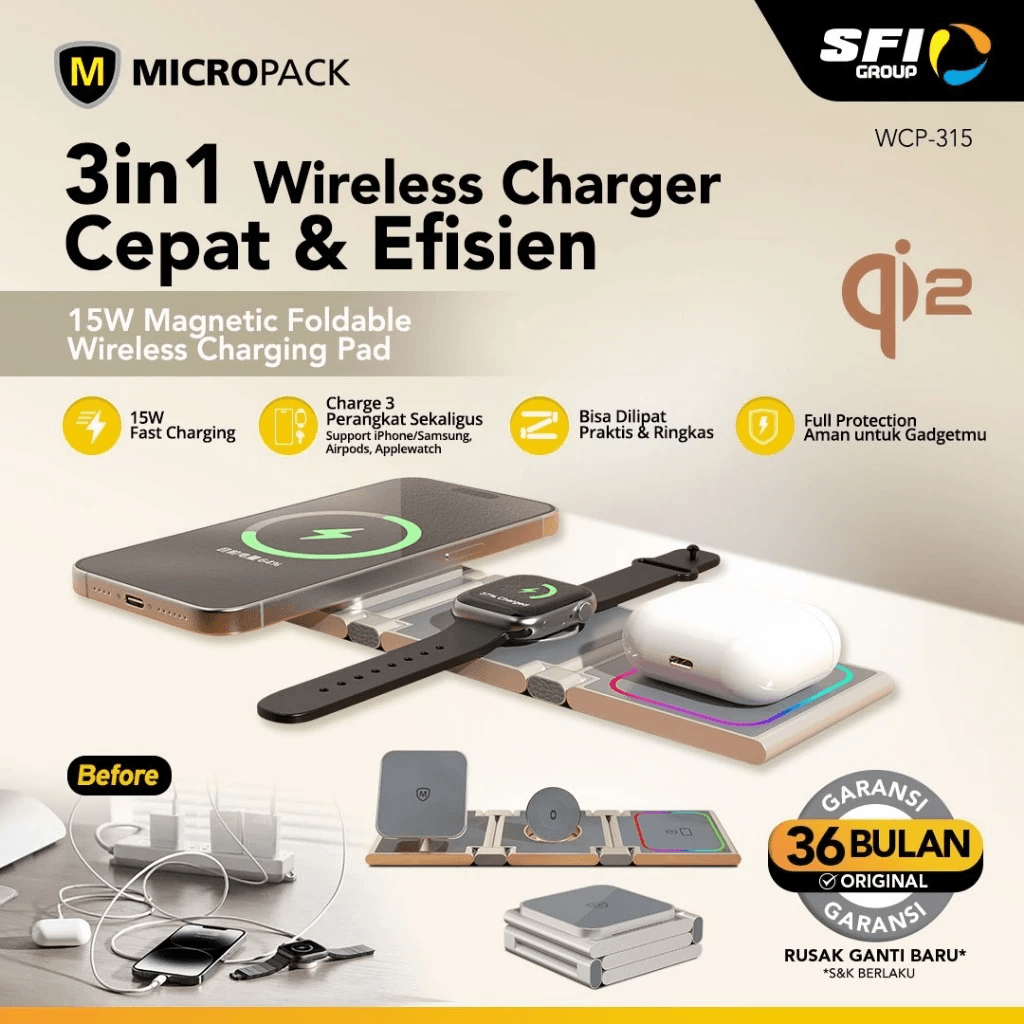 Micropack Magnetic Wireless Charging Station/Pad - Fast Charging 15watt - 3-in-1 - Foldable & Portable - WCP-315 - SFI Group