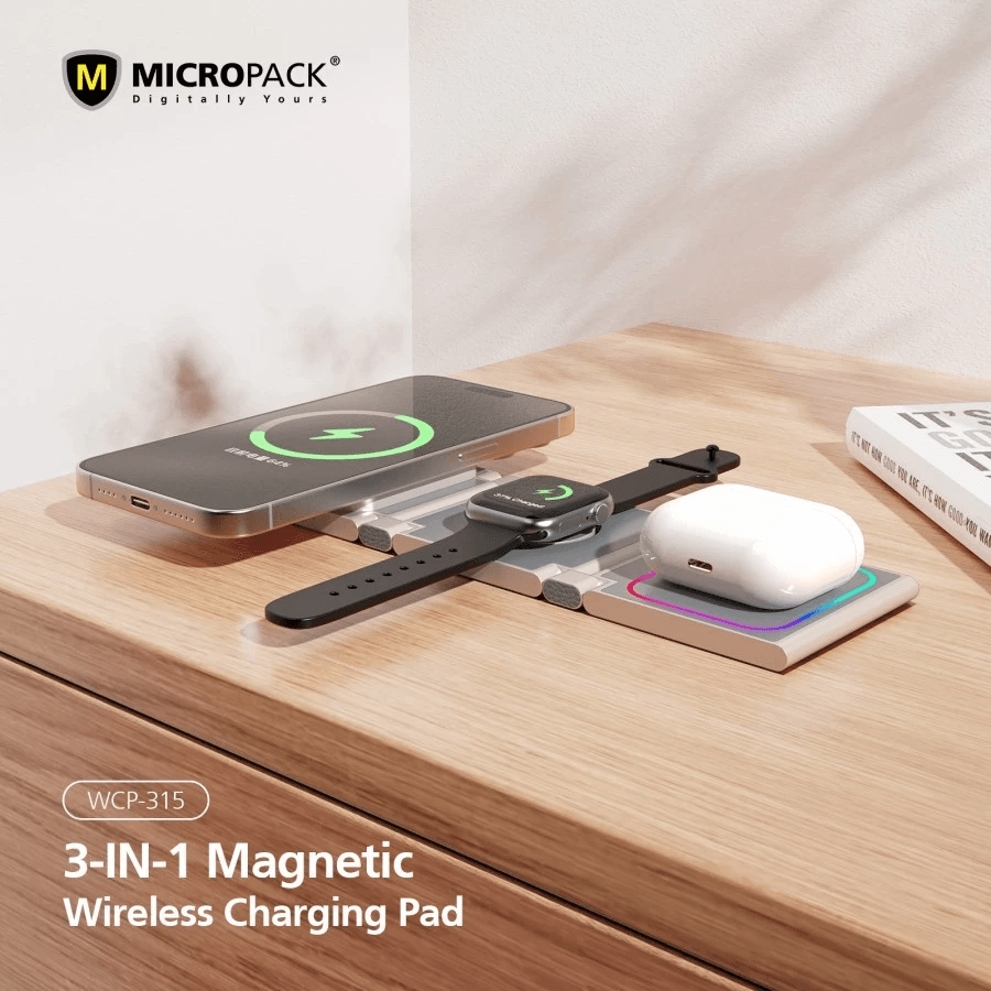 Micropack Magnetic Wireless Charging Station/Pad - Fast Charging 15watt - 3-in-1 - Foldable & Portable - WCP-315 - SFI Group - 4