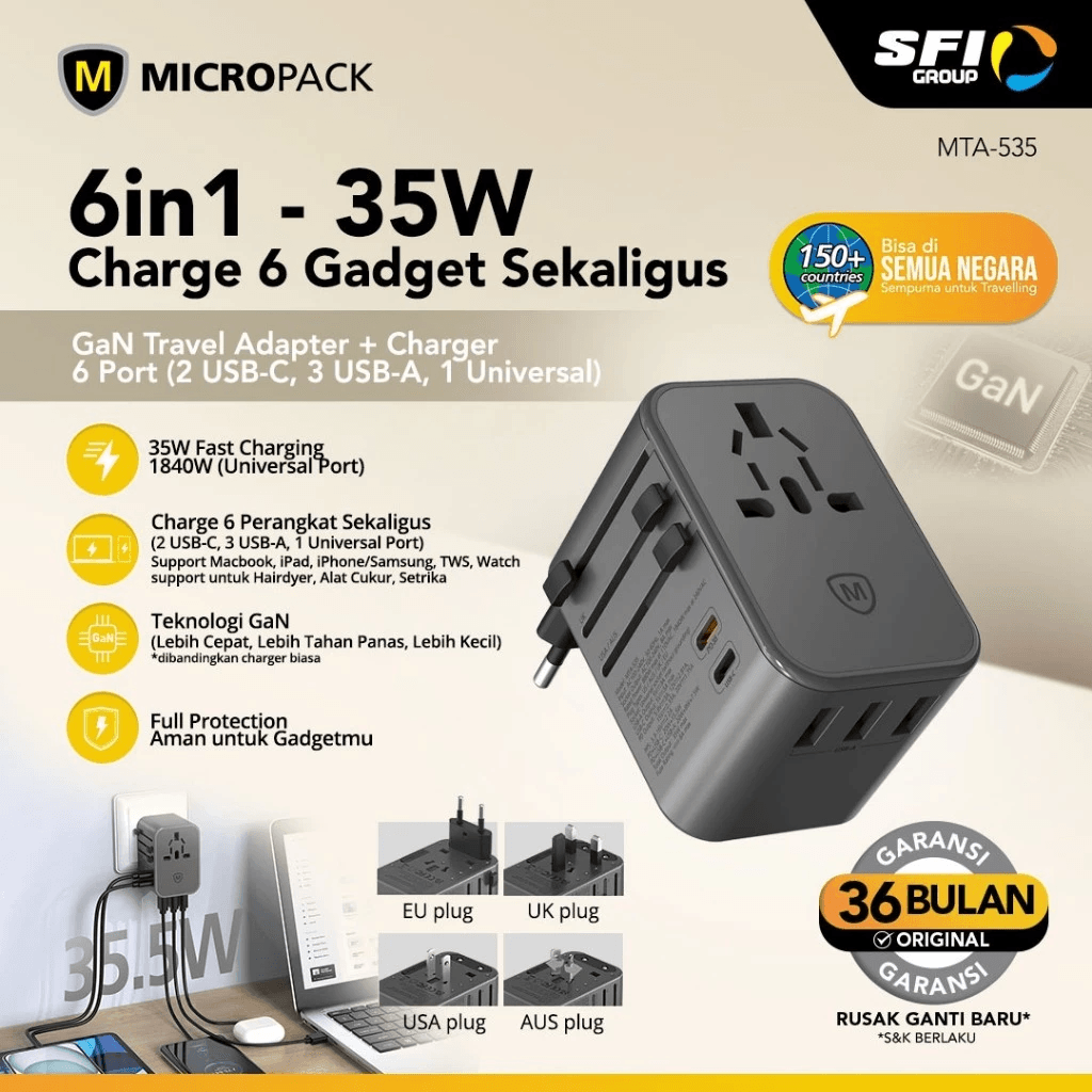 Micropack Travel Adapter - Fast Charging 35W - Worldwide Universal - 150+ Countries - GaN - Travel Charger - Travel Adaptor - Wall Charger - MTA-535 - SFI Group