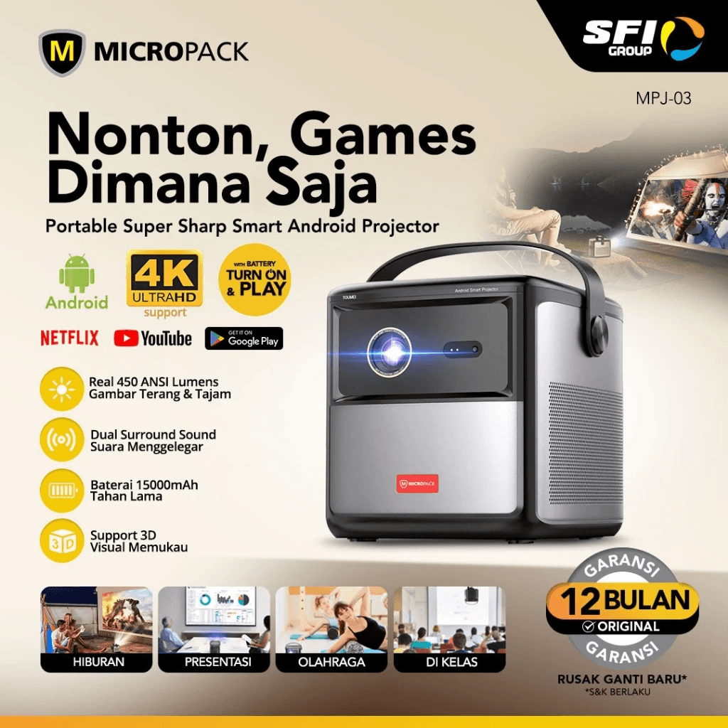 Micropack Smart Android Portable Projector - Include Battery & Dual Speaker - Support 4K - 450 ANSI Lumen - MPJ-03 - SFI Group