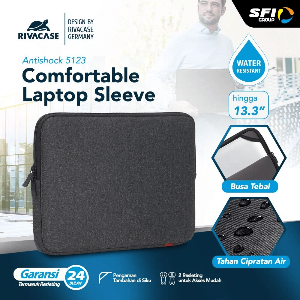 RIVACASE Pelindung Laptop Sleeve 13.3 Inch ANTISHOCK 5123 | DARK GREY (4260403573488) - SFI Group