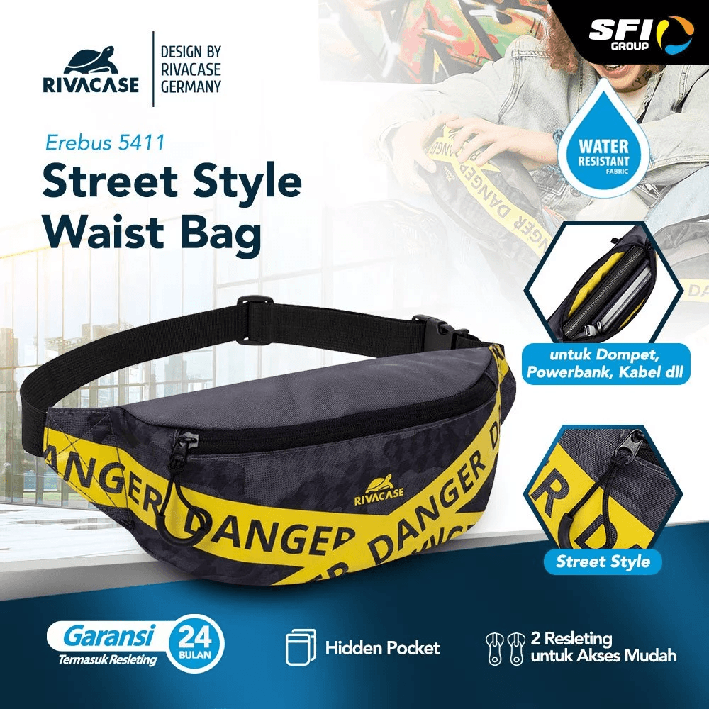RIVACASE Tas Pinggang Pria Waist Bag Water Resistant | Erebus (5411) - Black & Grey Camo - Grey Camo - SFI Group
