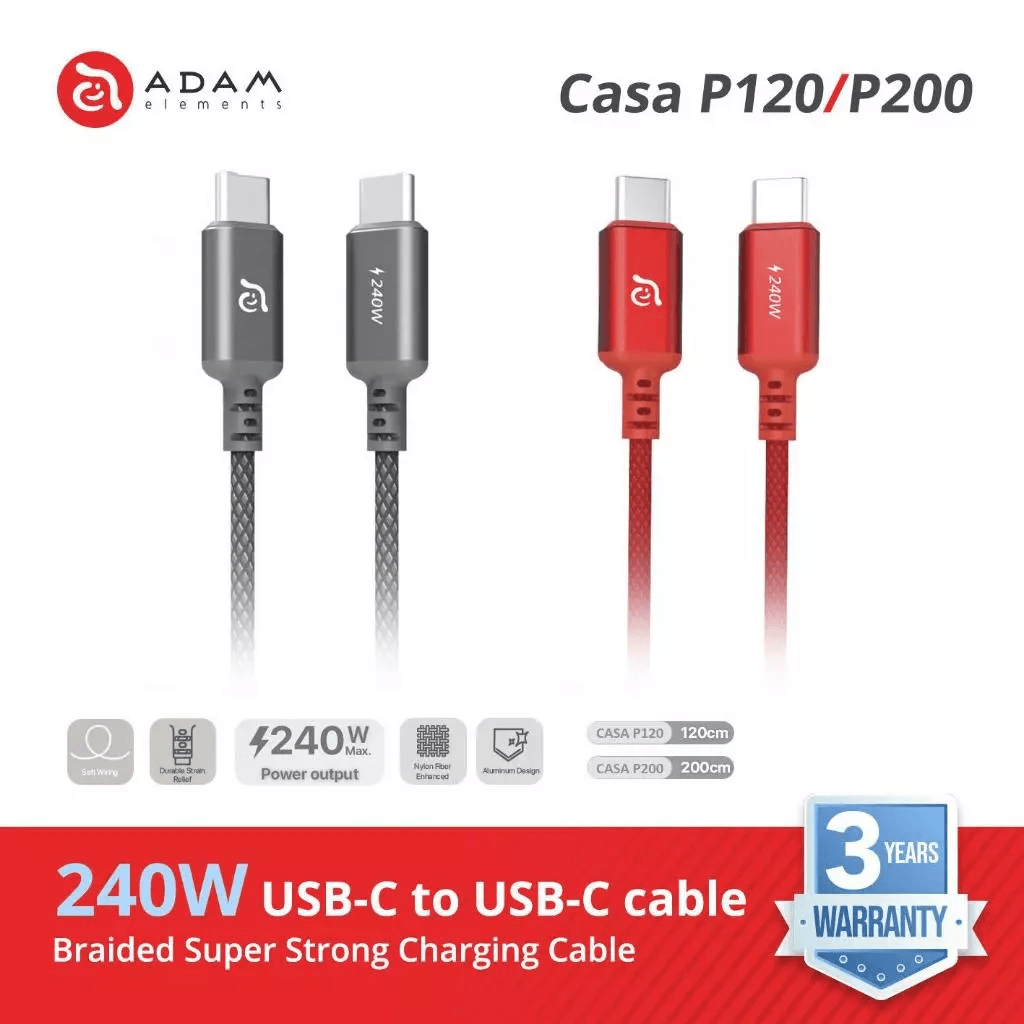 Adam Elements Cable Data USB-C to C 240W - Soft Braided 120cm/200cm - Kabel Charger - Casa P120/P200 - ACBADP120 - SFI Group