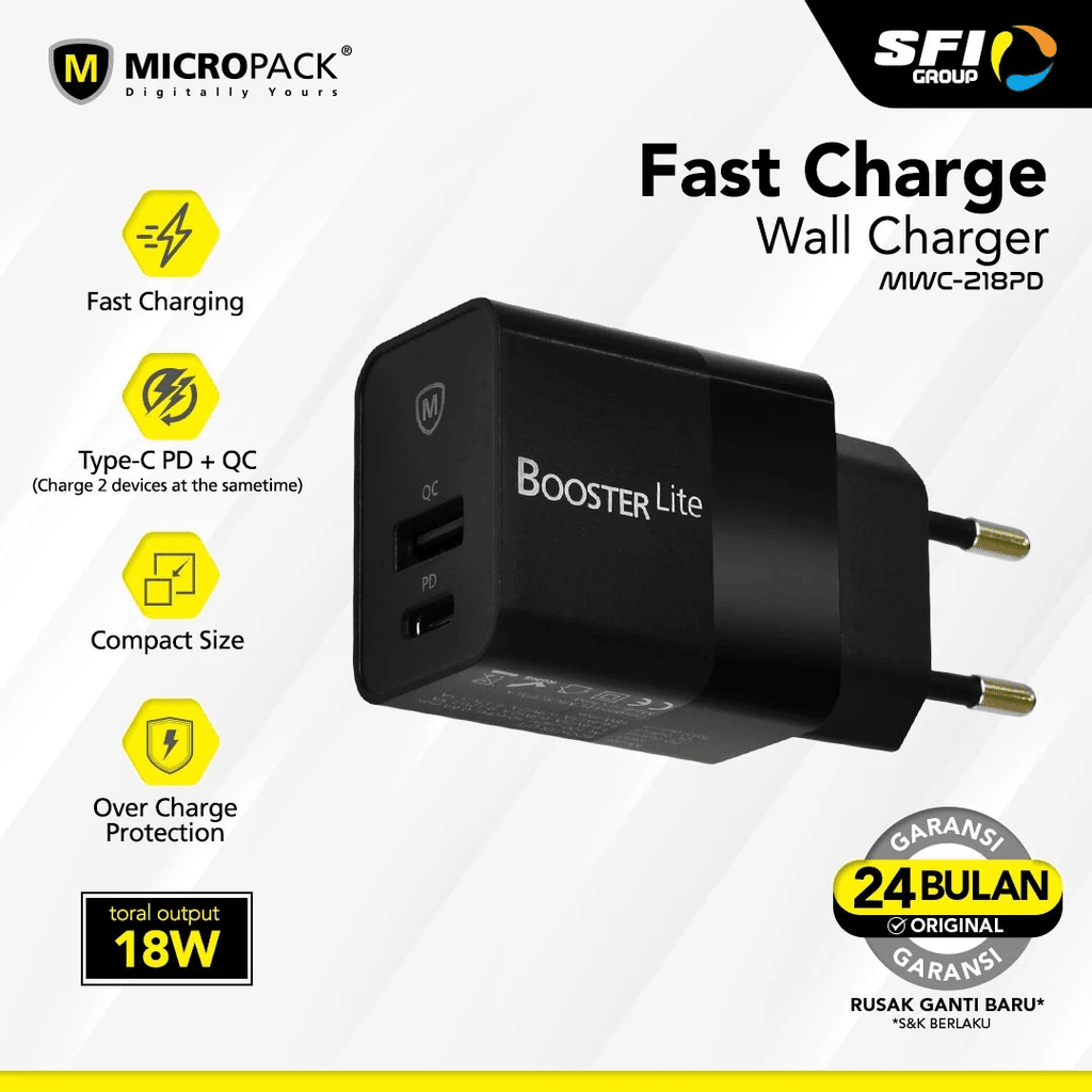 Micropack Wall Charger Booster Lite USB A + USB C PD Max Output 18W - MWC-218PD - SFI Group