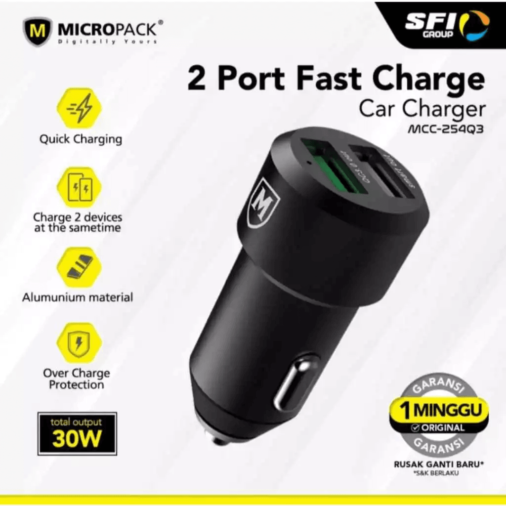 Micropack Car Charger 2 Port Fast Charging 30 Watt - MCC-254Q3 - SFI Group