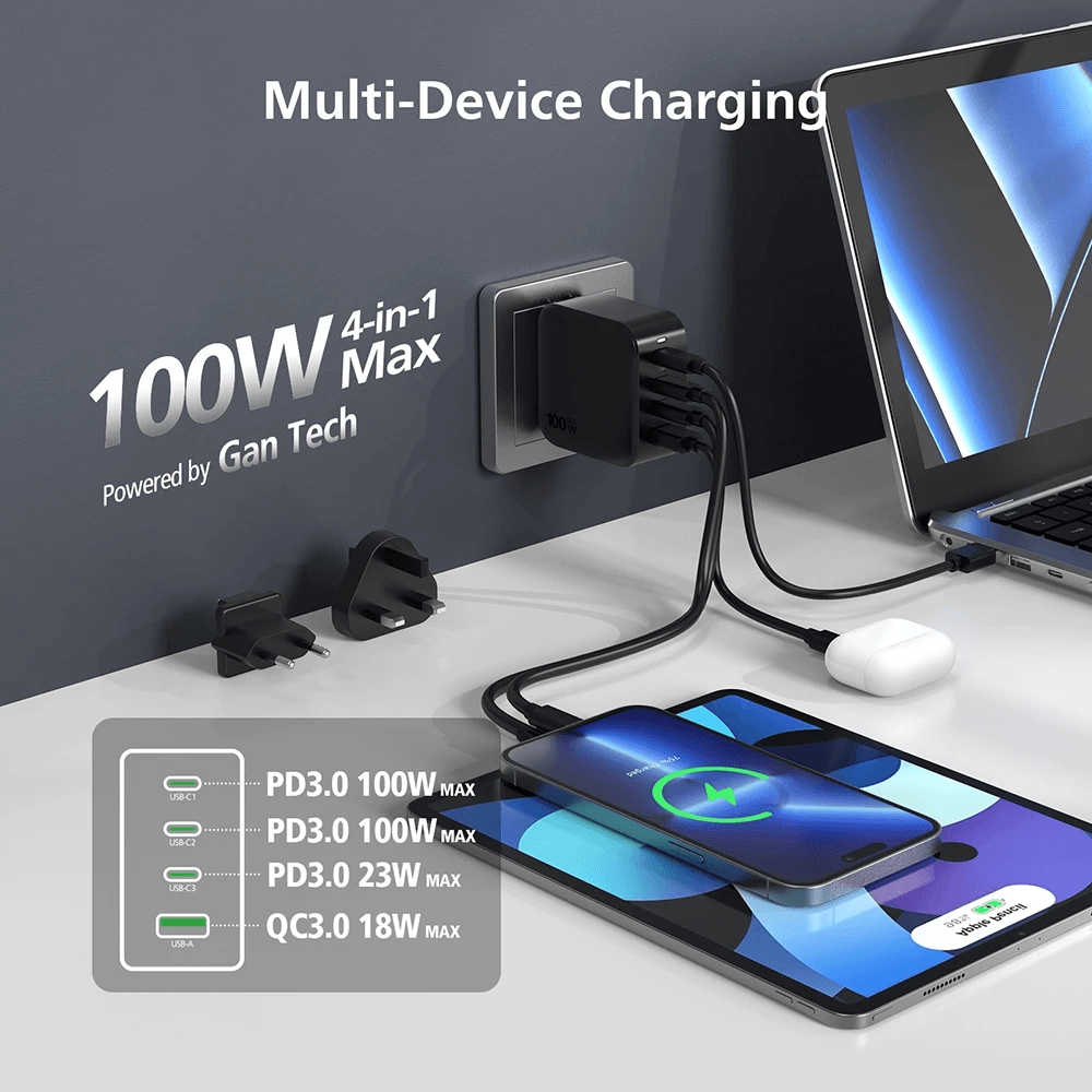 Micropack Wall Charger With Travel Adapter - 4-In-1 - Super Fast Charging 100watt - GaN - MWC-4100 - SFI Group - 4