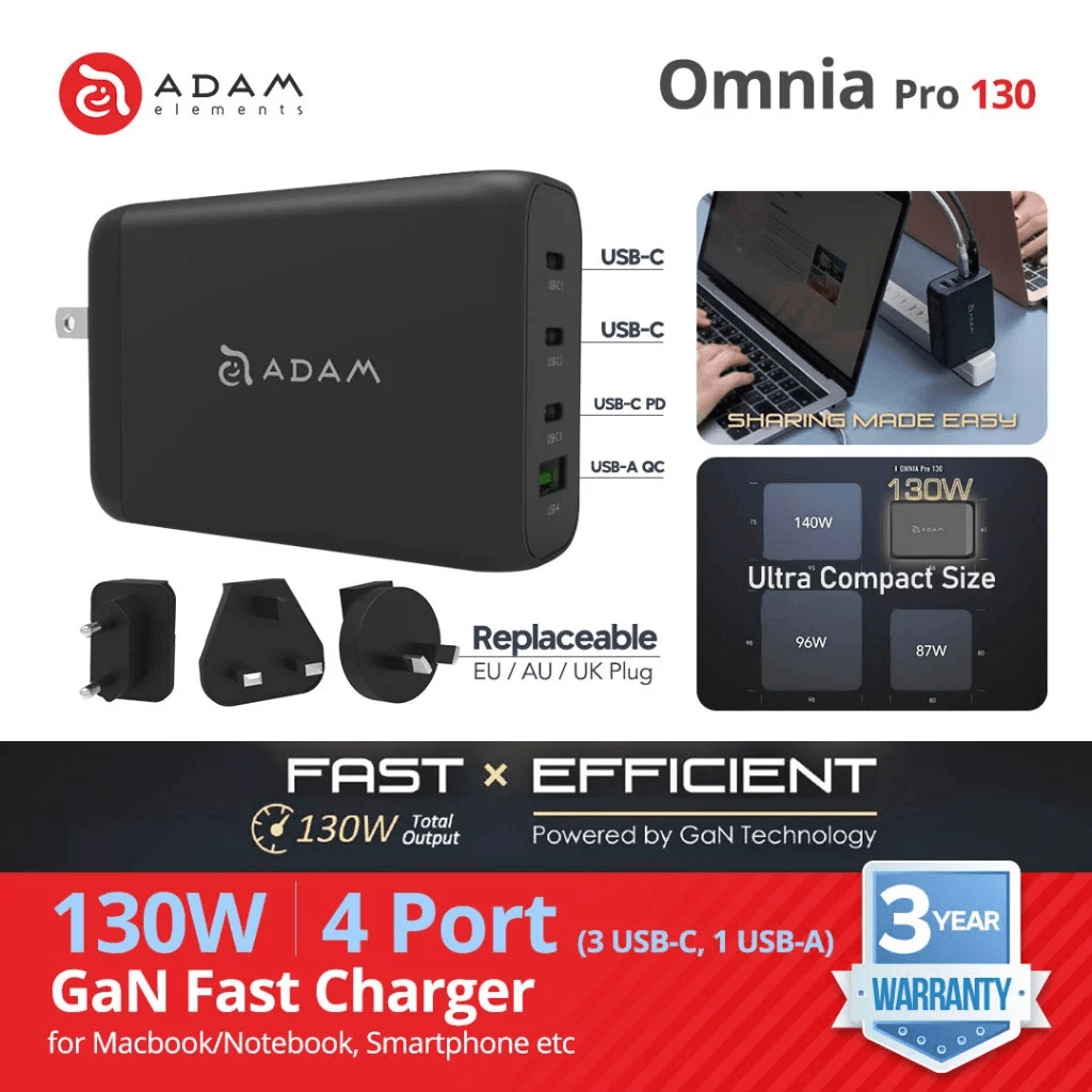 Adam Elements Travel Charger 130W 4-Port (3XUSB-C 1X USB-A) (C/W Cable) - Kabel Omnia Pro 130 - SFI Group