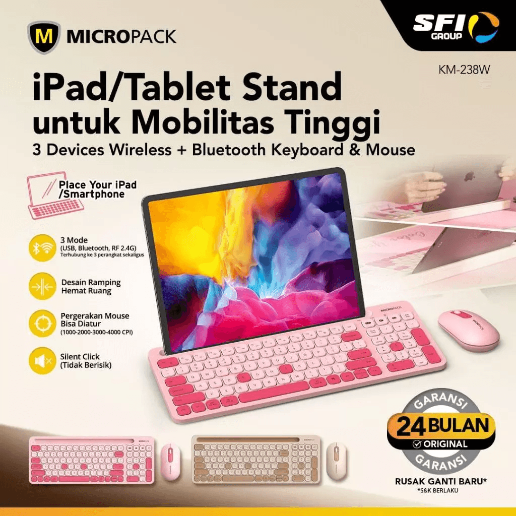 Micropack Keyboard Mouse Combo Wireless - Lifestyle - 2.4G + Bluetooth - iPad Stand - KM-238W-EN - SFI Group
