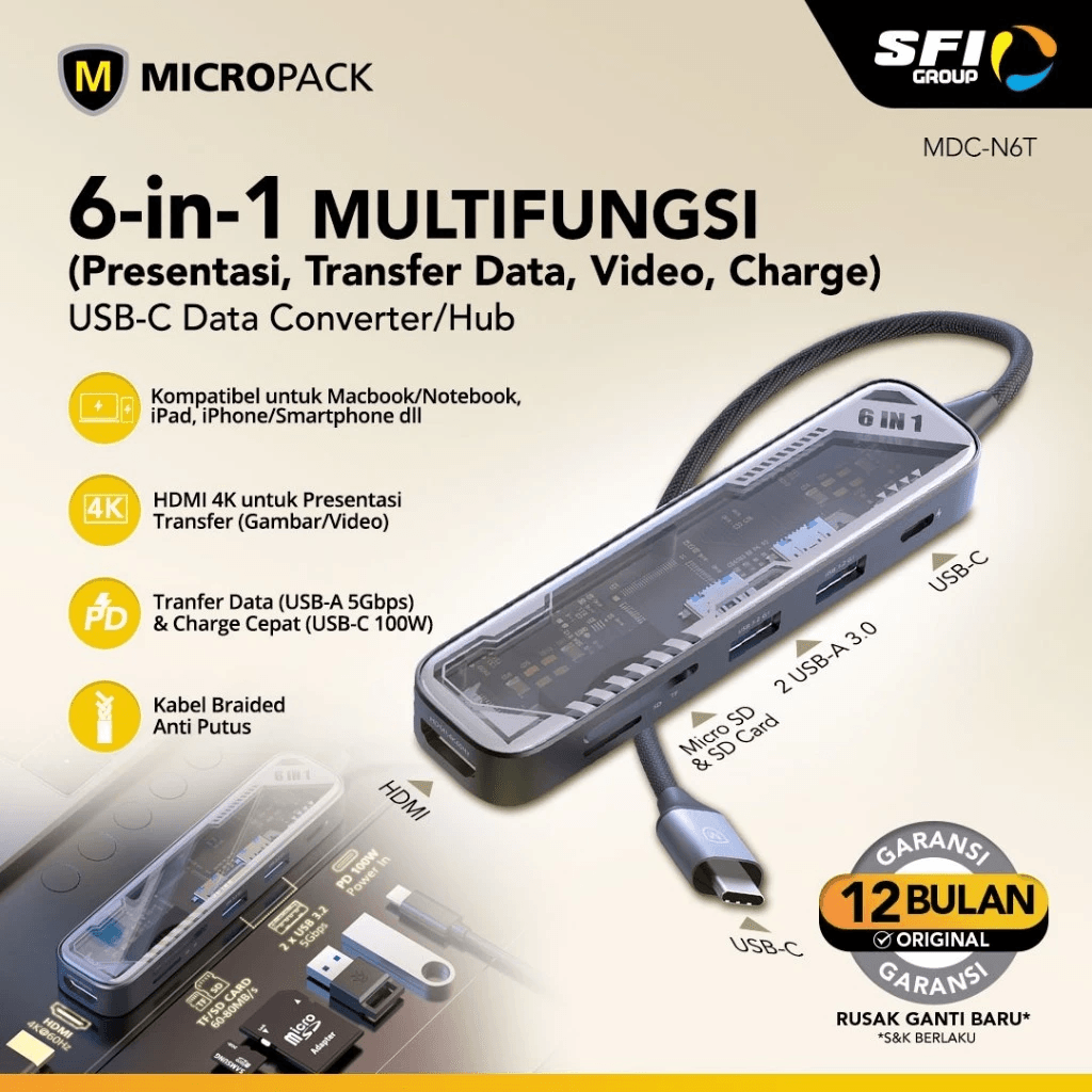 Micropack Data Converter USB-C Hub Multiport Adapter 6-in-1 - Ultra HD 4K - Fast Data Transmition - 100W PD Fast Charging - MDC-N6T - SFI Group