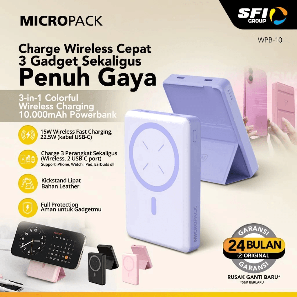 Micropack Wireless Powerbank 10.000 mAh - Fast Charging 22,5 watt - Magnetic - 3-in-1 - With Stand - Power Bank 10000 mAh - WPB-10 - SFI Group