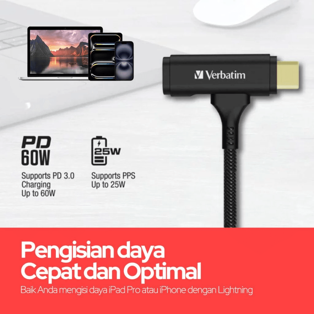 Verbatim Cable Charger 2 in 1 C to C & Lightning – 60W – 480 Mbps – 120 Cm - Fast Charging Kabel Data - SFI Group - 3