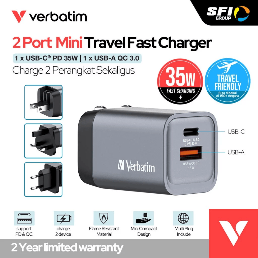 Verbatim Travel Charger 35W GaN – With Travel Adapter – 1x USB C 35W – 1x USB A 18W – Grey – Fast Charging - SFI Group