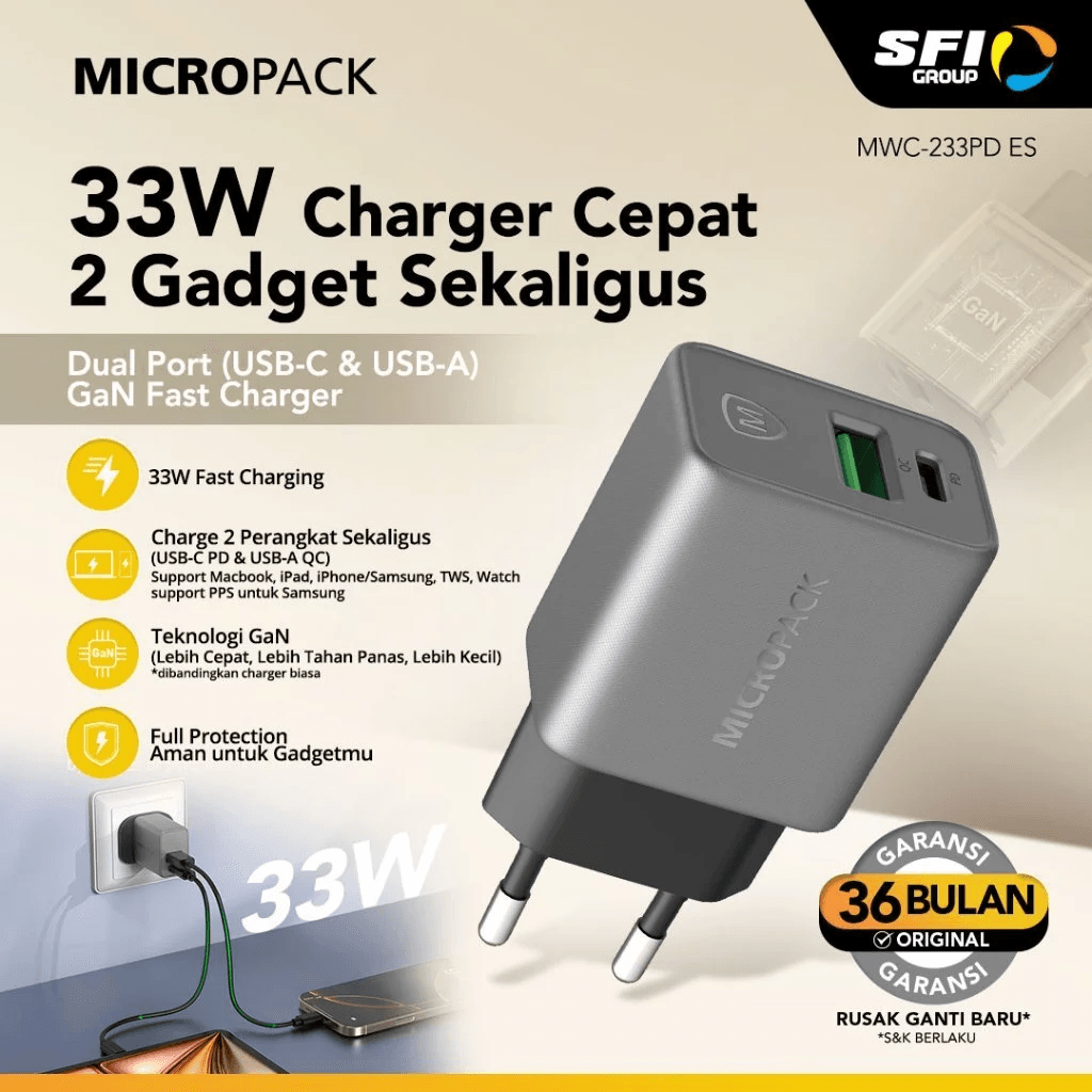 Micropack Wall Charger - Fast Charging - 33watt - Dual Port USB-C & USB-A - GaN - MWC-233PD-ES - SFI Group
