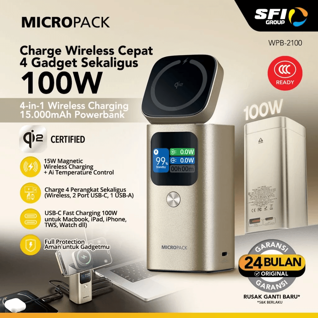 Micropack 4-in-1 Wireless Magnetic Powerbank - 15.000 mAh - Fast Charging - 100W - Qi2 - CCC (Titanium) - Power Bank 15000 - WPB-2100-TI - SFI Group