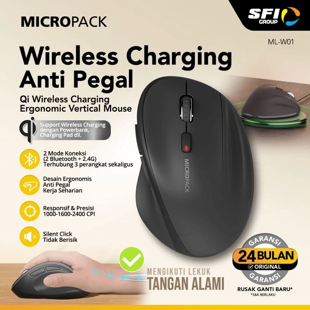 Micropack Mouse Wireless & Bluetooth - Silent Click - Rechargeable (Black) - ML-W01 - SFI Group
