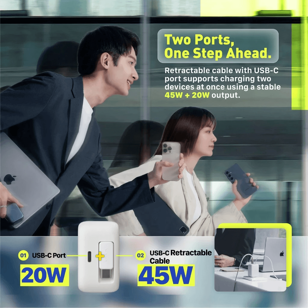 Adam Elements Wall Charger - Fast Charging 35w/65w - With Built-In 90cm Retractable USB-C Cable - GaN - 1x USB-C Port - (GrayWhite) - L35/L65 - SFI Group - 4