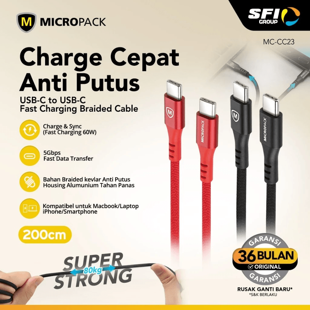 Micropack Cable C to C - Super Fast Charging & Strong Cable - 60watt - Kabel 2 Meter - MC-CC23 - SFI Group