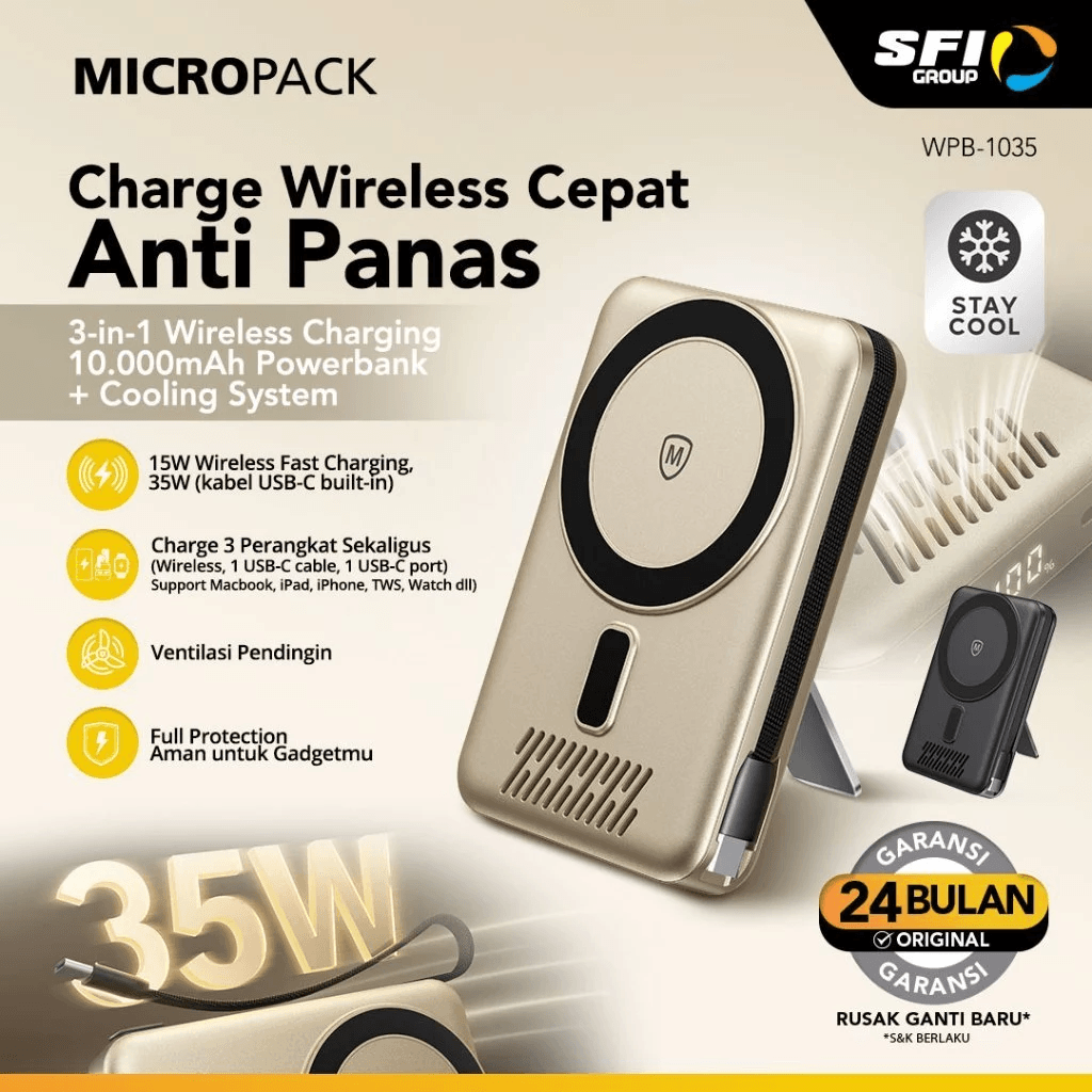 Micropack Wireless Powerbank 10.000 mAh - Fast Charging 35 watt - Ventilation Hole & Kickstand - Built-in USB-C Cable - 3-in-1 (TitaniumBlack) Power Bank 10000 - WPB-1035 - SFI Group