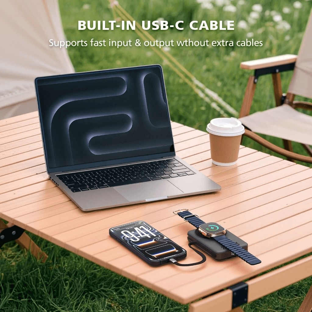 Micropack Wireless Powerbank 10.000 mAh - Fast Charging 35 watt - Ventilation Hole & Kickstand - Built-in USB-C Cable - 3-in-1 (TitaniumBlack) Power Bank 10000 - WPB-1035 - SFI Group - 3