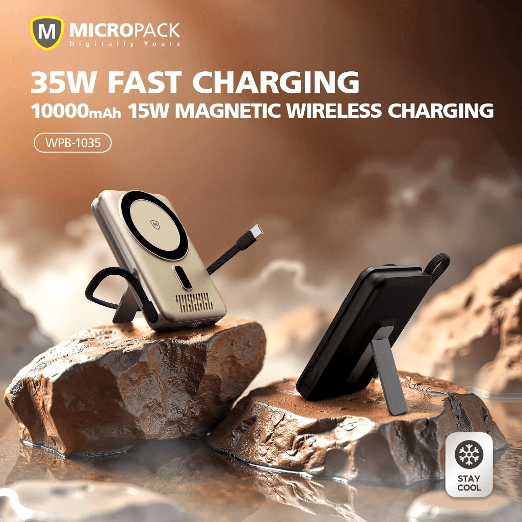 Micropack Wireless Powerbank 10.000 mAh - Fast Charging 35 watt - Ventilation Hole & Kickstand - Built-in USB-C Cable - 3-in-1 (TitaniumBlack) Power Bank 10000 - WPB-1035 - SFI Group - 4