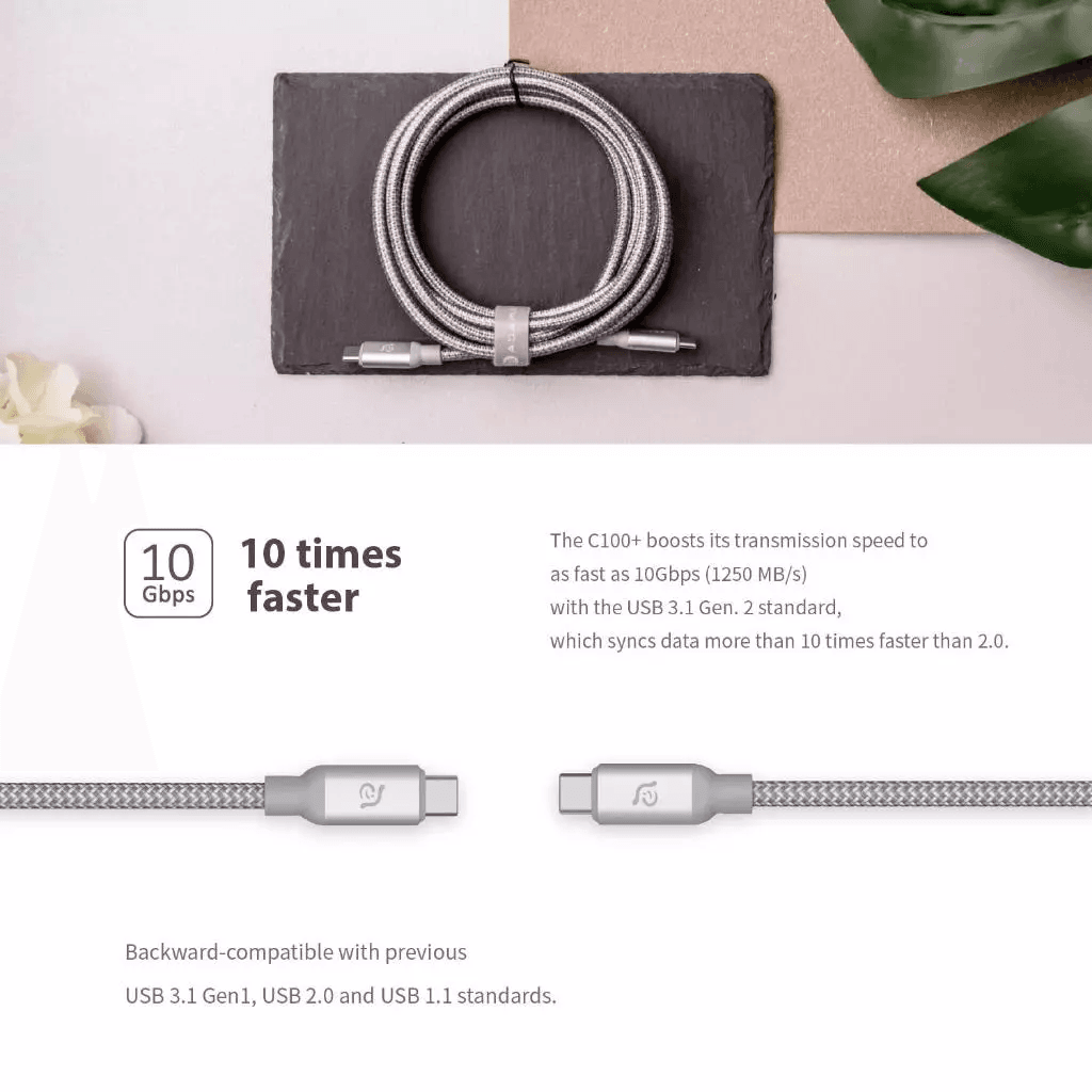Adam Elements Cable Data USB-C 3.1 - Fast Charging C to C 100W - Nylon Braided - 10 Gbps - 100 cm - Casa C100+ - Black - ACBADC100BK - SFI Group - 2