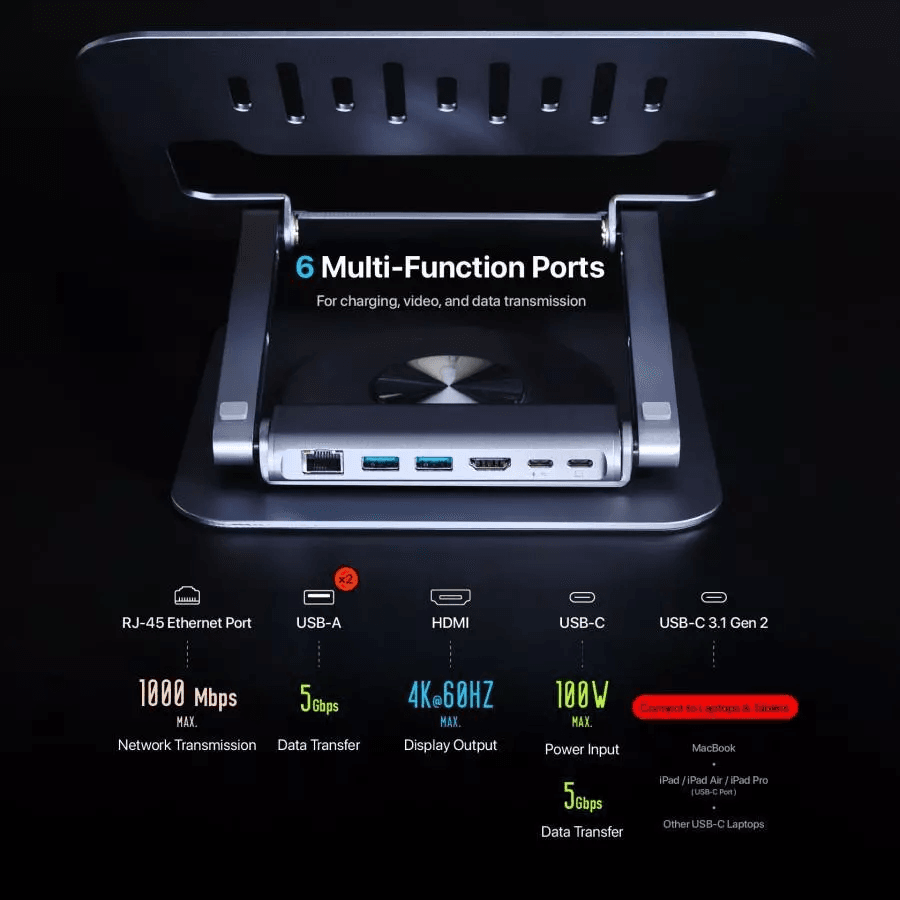 Adam Elements Data Converter USB-C 6-in-1 Laptop Stand Hub - Casa Hub Stand Pro - Grey - AAPADHUBSTDPGY - SFI Group - 5