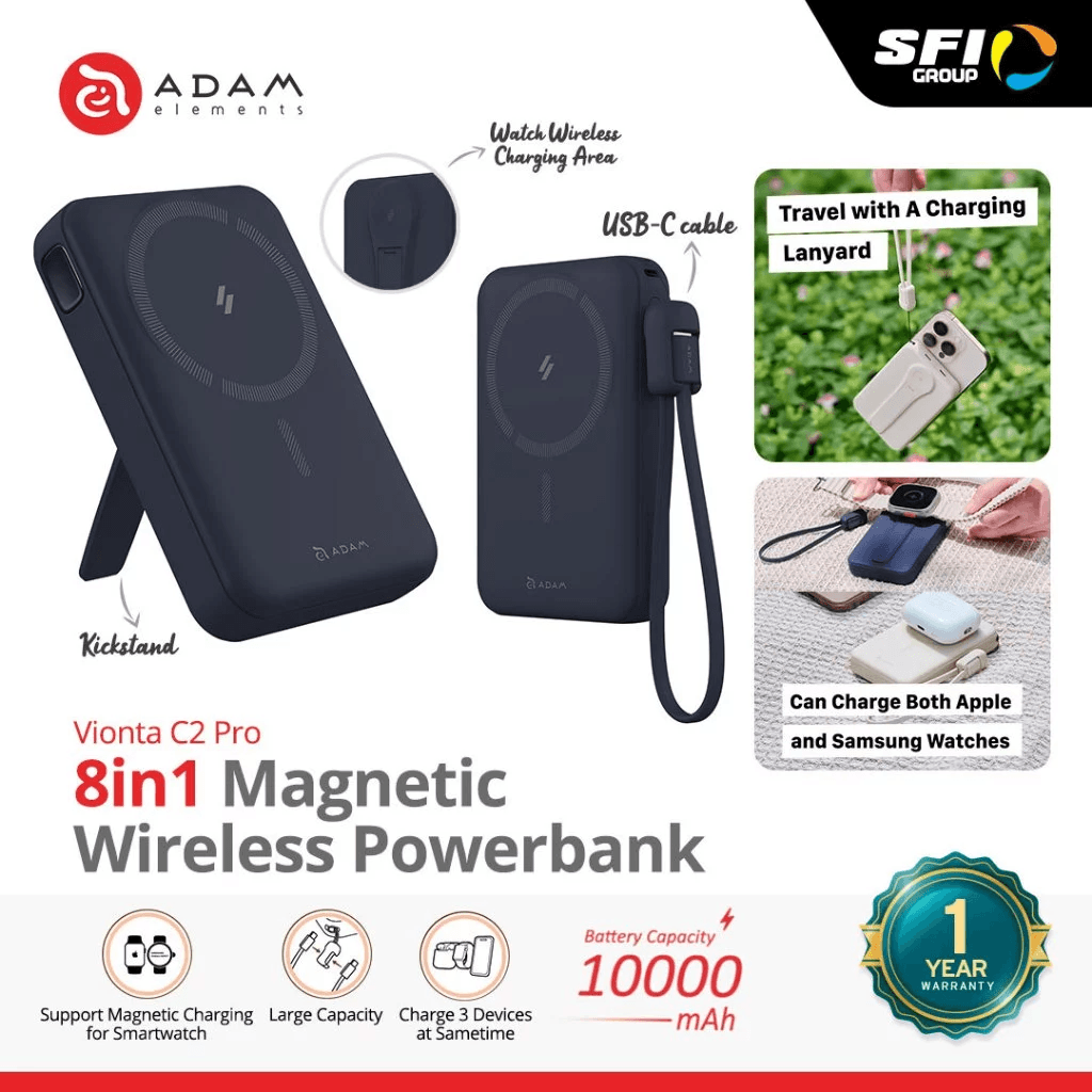 Adam Elements - Power Bank Magnetic Wireless - Built In USB C Cable - 10000 10.000 mAh - 8 In 1 - Compatible With Apple Watch & Samsung Galaxy Watch - 20W - Powerbank - Vionta C2 Pro - SFI Group