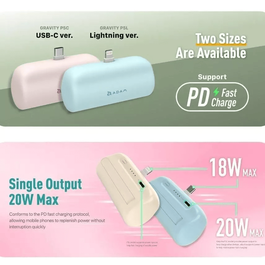 Adam Elements Power Bank Pocket 5000 mAh - Gravity P5C - Fast Charging Mini Powerbank - APBADGVP5C - SFI Group - 4