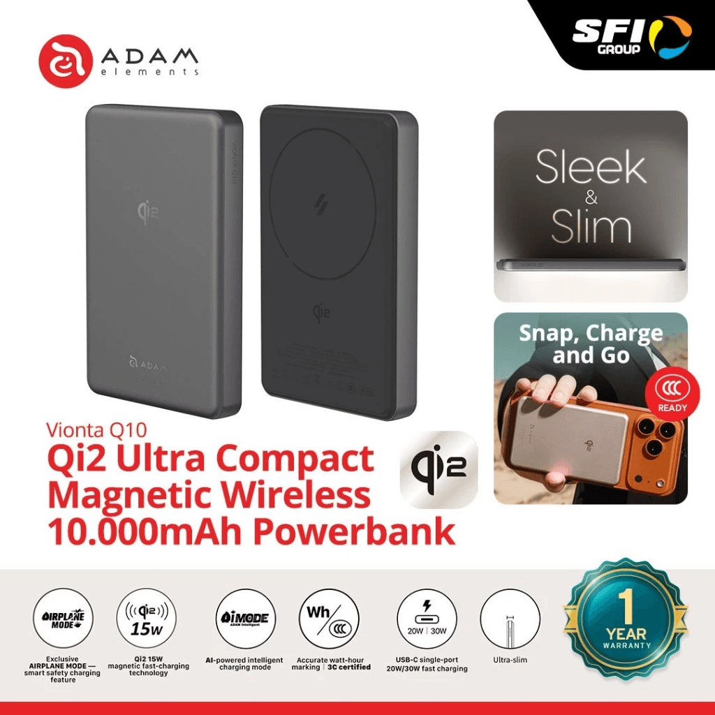Adam Elements - Powerbank Vionta Q10 CCC Qi2 C - Fast Charging 10000 10.000 5000 5.000 mAh - 30W - Power Bank Slim - SFI Group