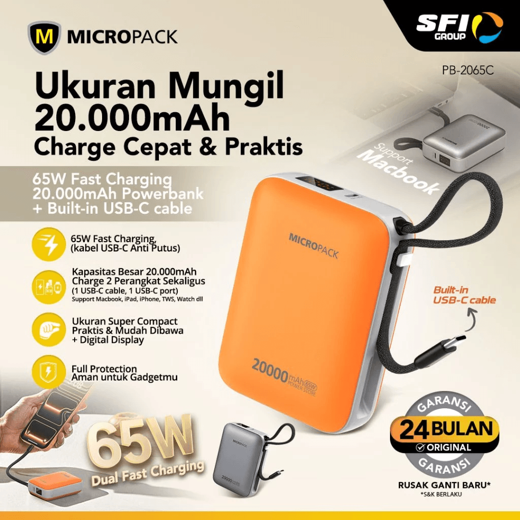 Micropack Powerbank 20.000mAh - Fast Charging 65 watt - 2-in-1 - Detachable USB-C Cable - Power Bank 20000 - PB-2065C - SFI Group