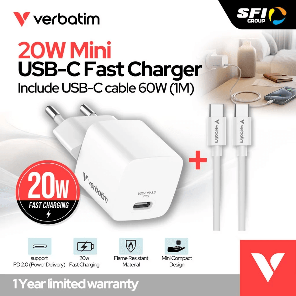 Verbatim - Wall Charger Mini GaN 20W + Cable C to C 60W 1M - Kepala Charging Kabel - 32396 - White - SFI Group