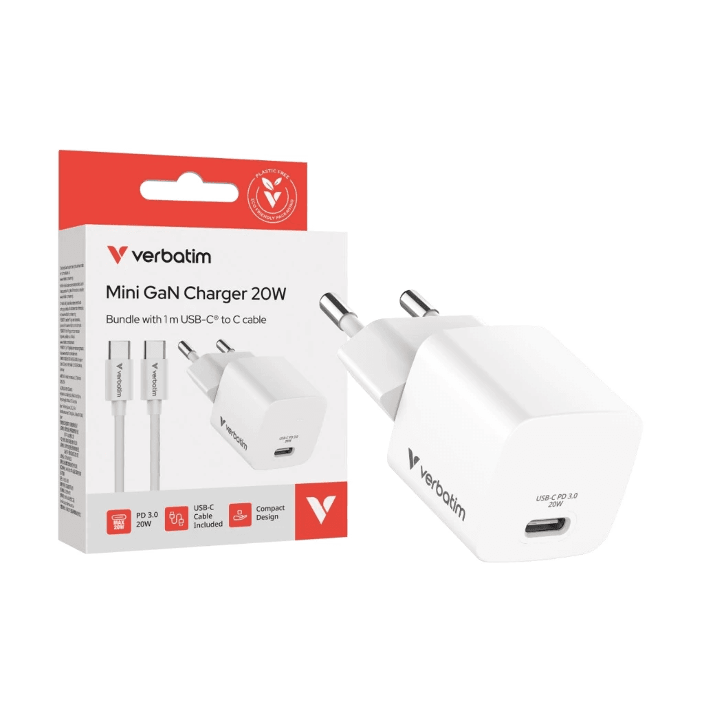 Verbatim - Wall Charger Mini GaN 20W + Cable C to C 60W 1M - Kepala Charging Kabel - 32396 - White - SFI Group - 2