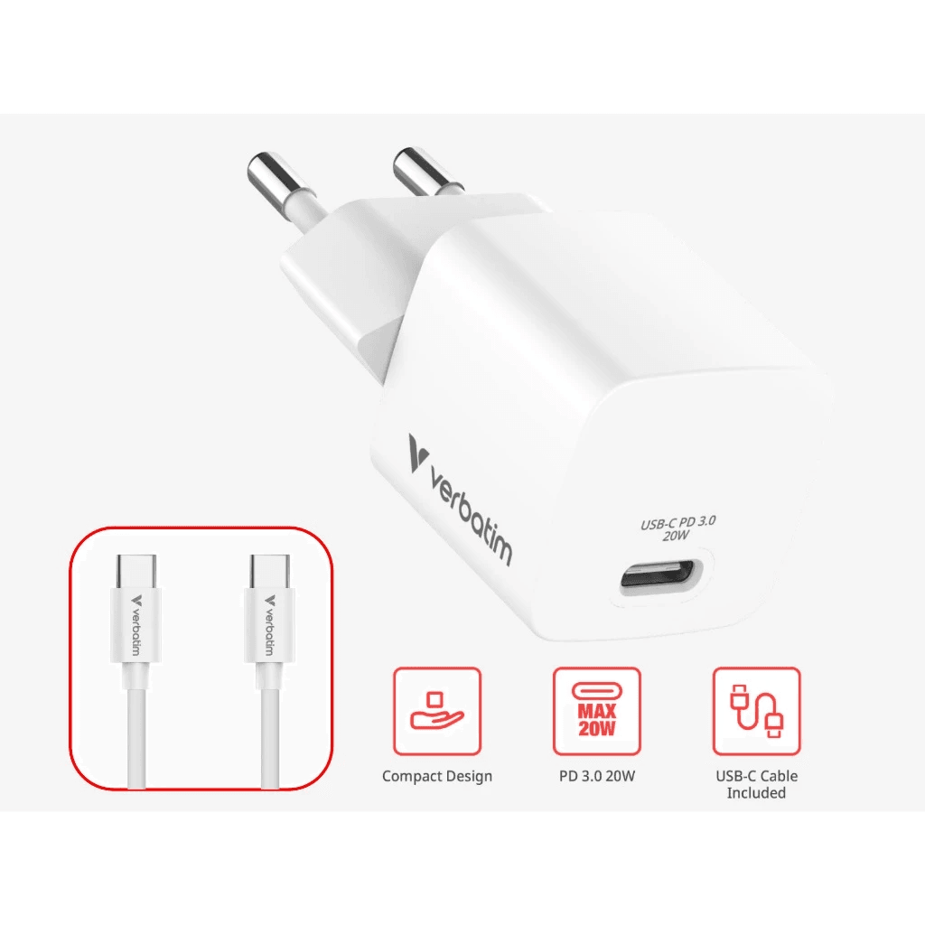 Verbatim - Wall Charger Mini GaN 20W + Cable C to C 60W 1M - Kepala Charging Kabel - 32396 - White - SFI Group - 3