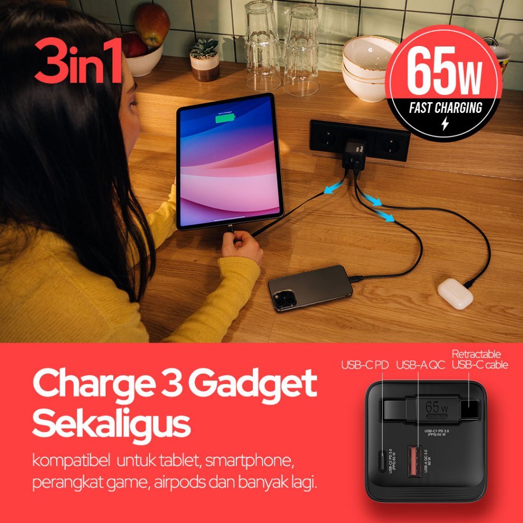 Verbatim Travel Charger 65W GaN - With Travel Adapter & Retractable Type C to C Cable - 2xUSB C 65W - 1xUSB A 60W - Black - Charging Kabel - SFI Group - 2