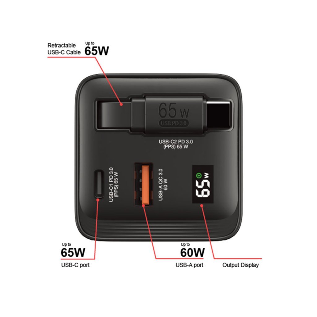 Verbatim Travel Charger 65W GaN - With Travel Adapter & Retractable Type C to C Cable - 2xUSB C 65W - 1xUSB A 60W - Black - Charging Kabel - SFI Group - 3