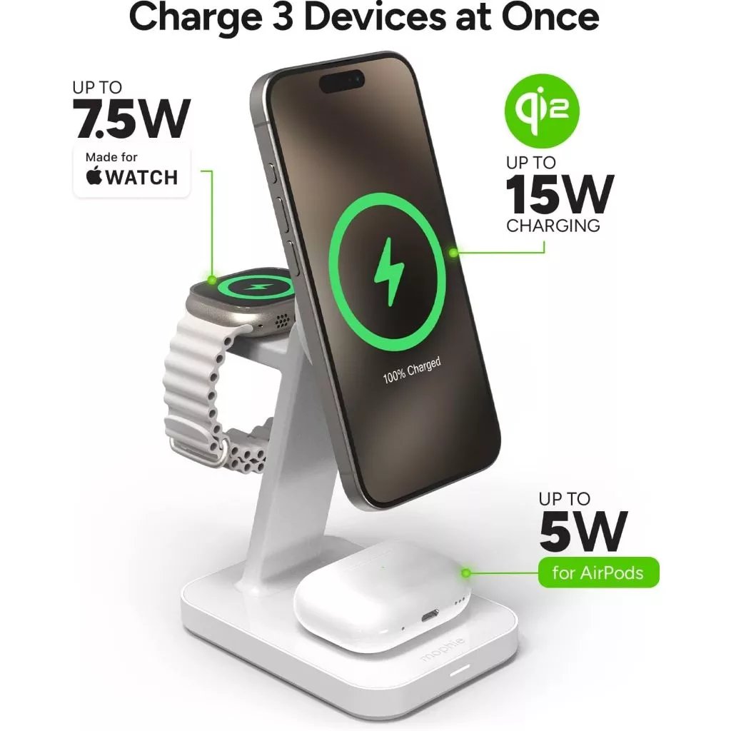 Mophie Charger Wireless Station - 3 in 1 - Qi2 15W - Charging Stand - White - SFI Group - 5