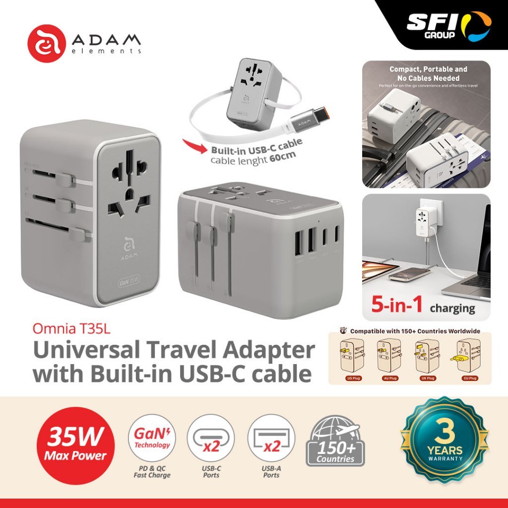 Adam Elements Omnia T35L Travel Adapter with Built In Cable C 70 CM - 35W GaN - 2X USB C Port - 2X USB A Port - Silver - SFI Group