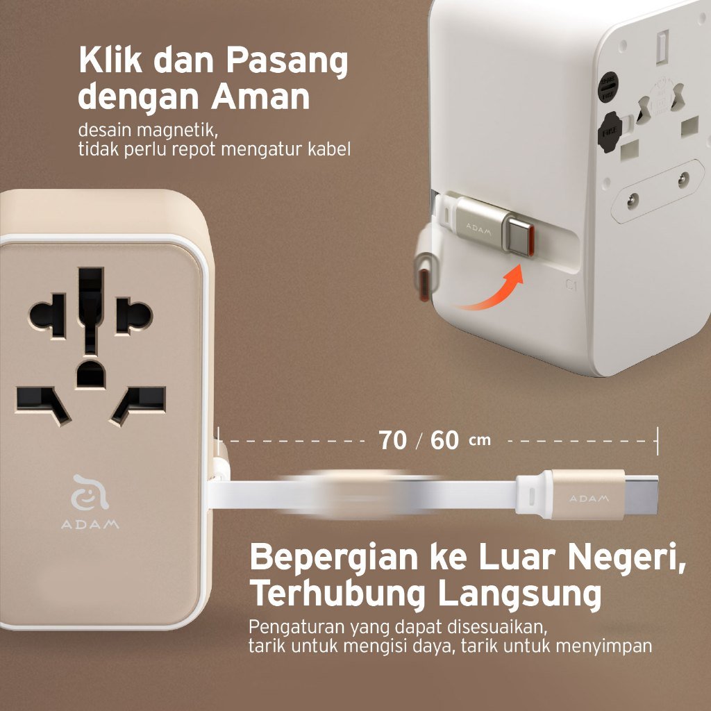 Adam Elements Omnia T35L Travel Adapter with Built In Cable C 70 CM - 35W GaN - 2X USB C Port - 2X USB A Port - Silver - SFI Group - 3